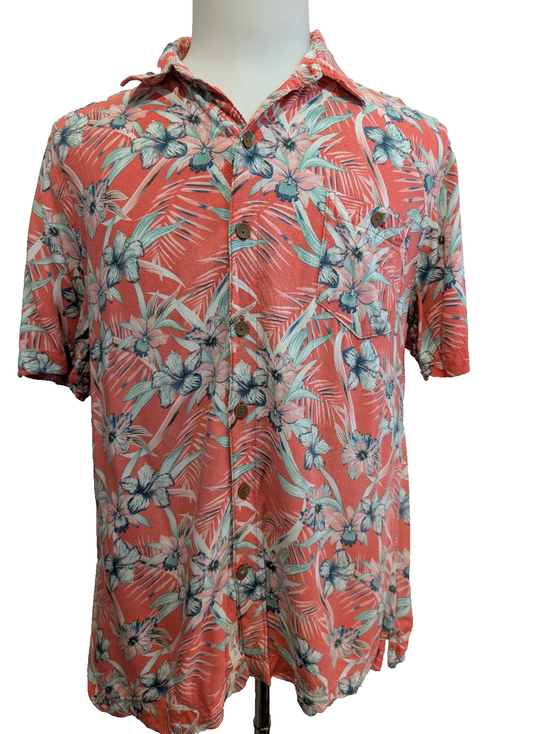 Chemise Hawaïenne Caribbean Joe Rayon Rouge Clair & Fleurs Vertes - Taille M