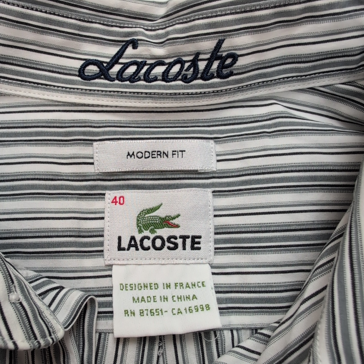 Chemise Lacoste Modern Fit 40 Rayures Blanc Gris Poche Logo Vert manches longues