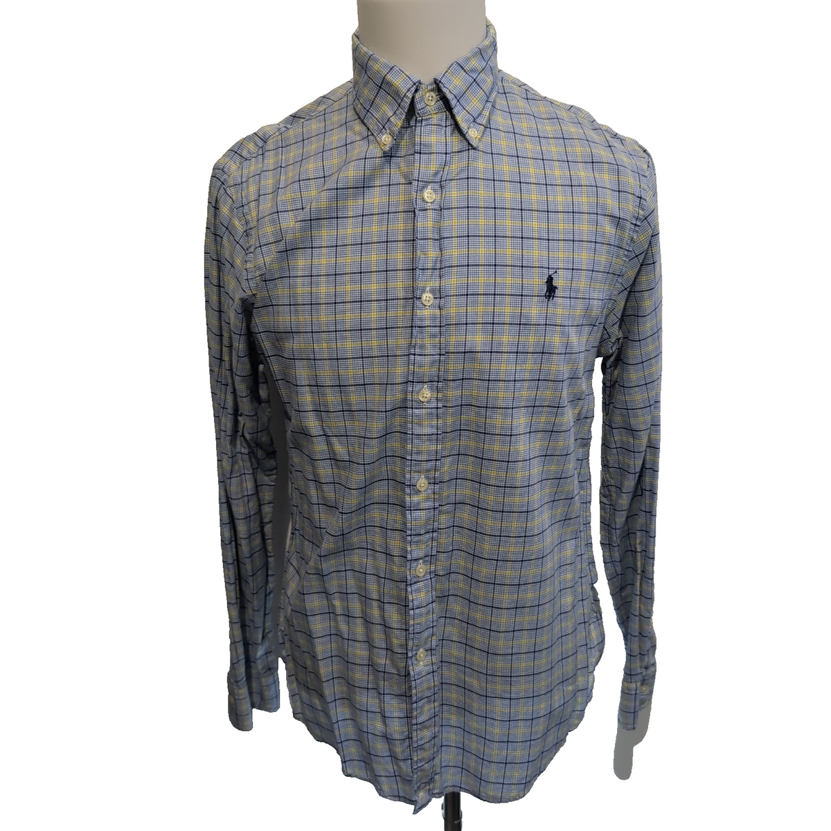 Chemise Ralph Lauren M Slim Fit Carreaux Bleu Jaune 100% Coton Logo Bleu Marine