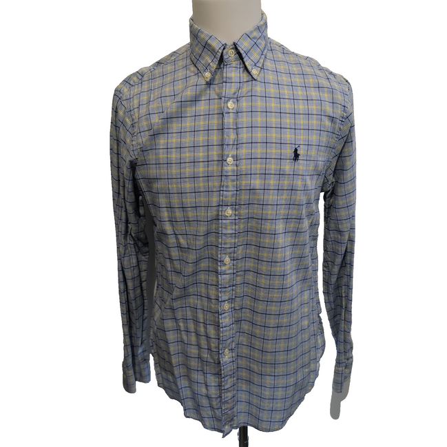 Chemise Ralph Lauren M Slim Fit Carreaux Bleu Jaune 100% Coton Logo Bleu Marine