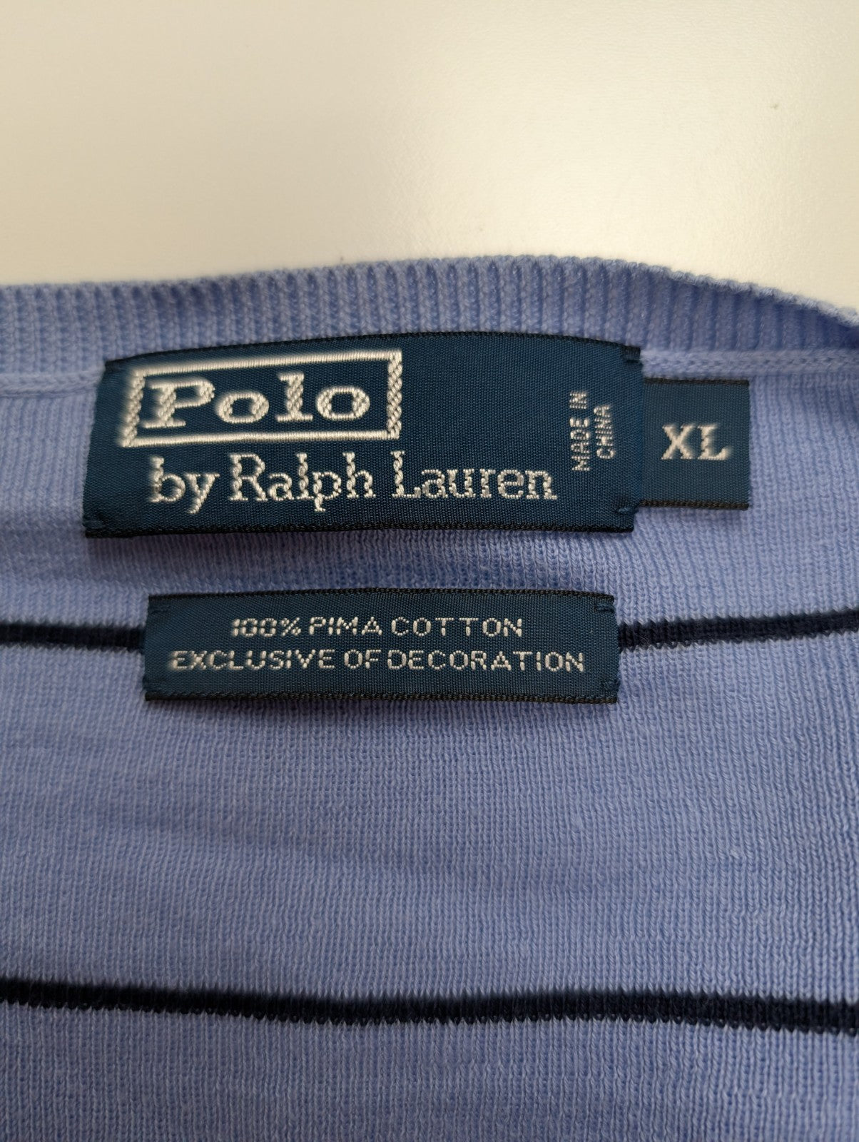 Pull Fin Polo Ralph Lauren Rayures Col V Taille XL Pima Coton Logo Bleu Marin