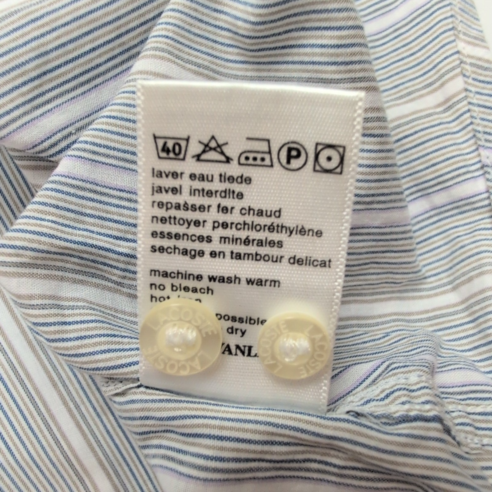 Chemise Lacoste XL Bleu Rayures Made in Hong Kong 100% Coton Été