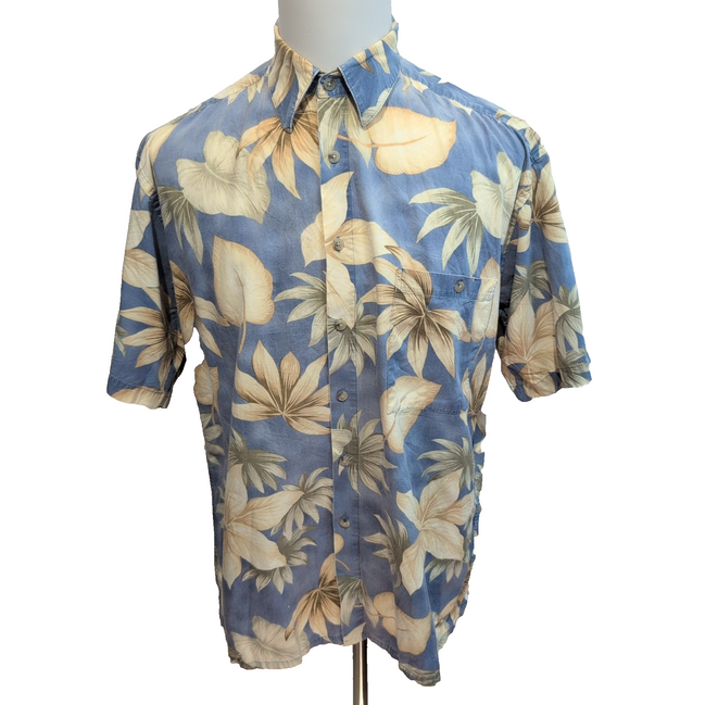 Chemise Hawaïenne Pierre Cardin L Bleu Feuillage Made in Korea Vintage