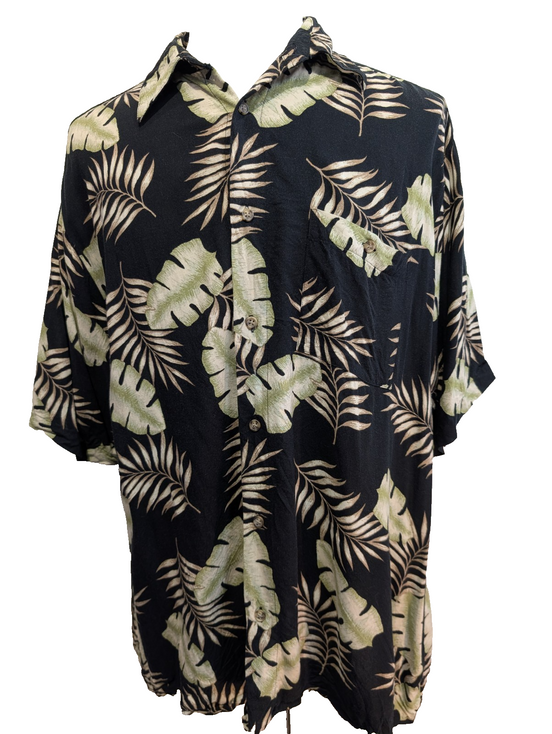 Chemise Hawaïenne PURITAN Noire Motif Feuillage Vert - Taille XL