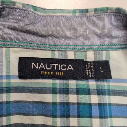 Nautica chemise manches courtes bleu vert à carreaux logo brodé taille L