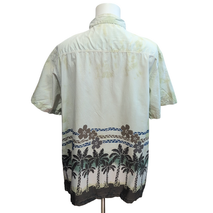 Chemise Hawaïenne Vert Pâle Palmiers Noir Coton XXL Boutons Bois