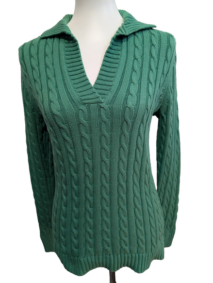 Pull Vintage Femme Vert Torsadé Col Ouvert 100% Coton - Taille S