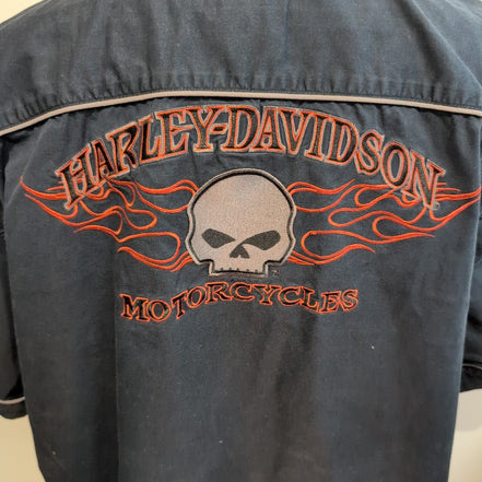 Chemise Harley Davidson 2XL Noire Tête de Mort Flammes Brodée USA