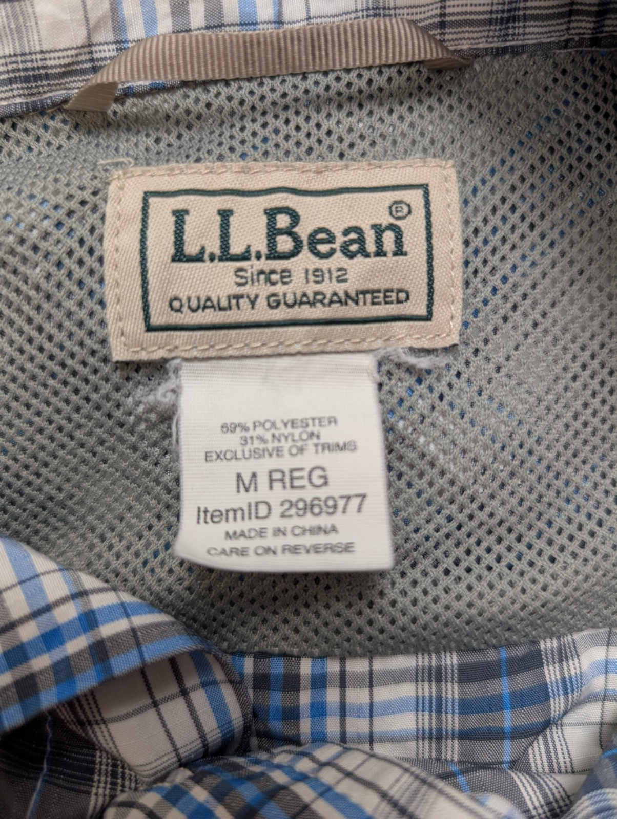CHEMISE NYLON TECHNIQUE L.L. BEAN M (M) CARREAUX BLEU BLANC TREK