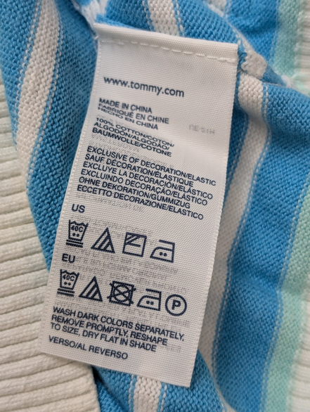 Pull Col V Tommy Hilfiger à rayures Bleu Ciel et Blanc Femme - Taille M