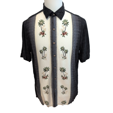 Chemise Hawaïenne Batik Bay Taille L Noir Blanc Palmiers 100% Rayonne
