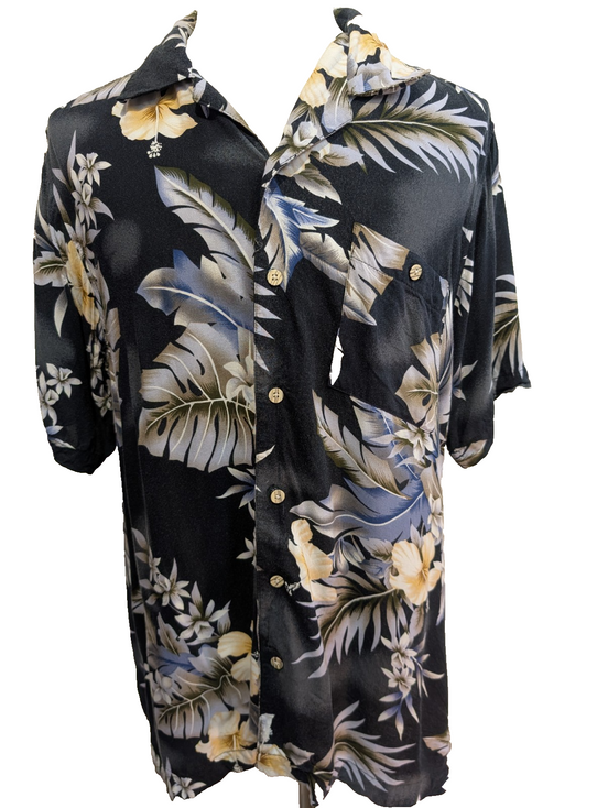 Chemise Hawaïenne David Taylor Viscose Fleurs Noir & Gris - Taille L/G