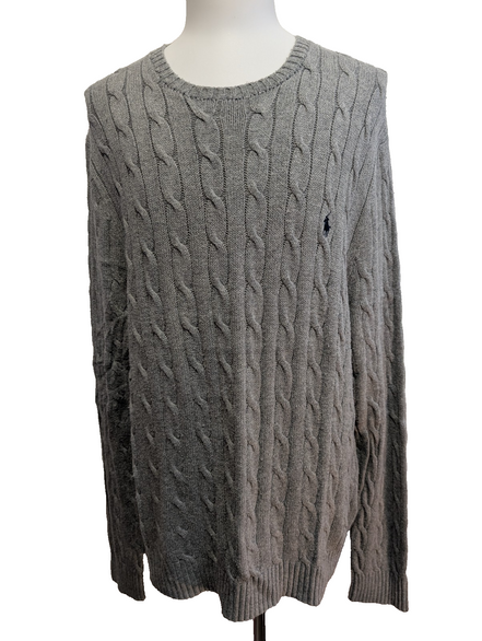 Pull POLO RALPH LAUREN Homme Gris Torsadé Cable Knit Logo Marine Taille XL XXL