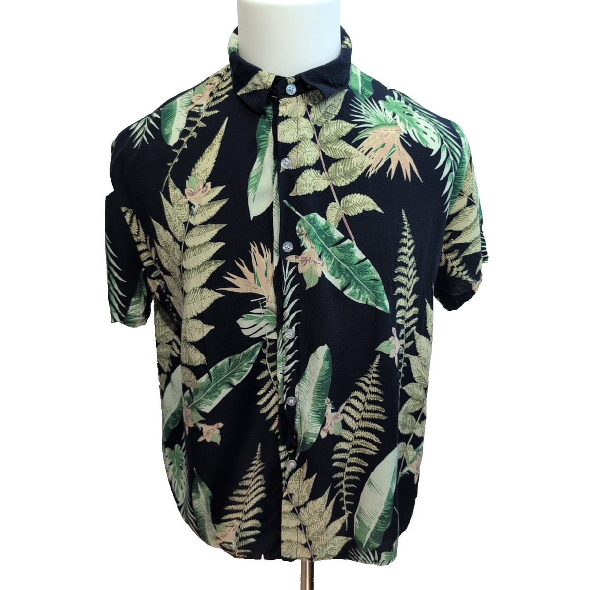 Chemise Hawaïenne Noire Feuillage Vert Viscose Taille S/M Manches Courtes