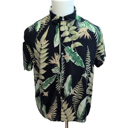 Chemise Hawaïenne Noire Feuillage Vert Viscose Taille S/M Manches Courtes