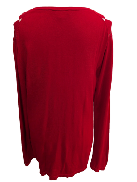 Pull Tommy Hilfiger Femme Col V Rouge & Blanc Losanges Filet d'Or - Taille 2XL