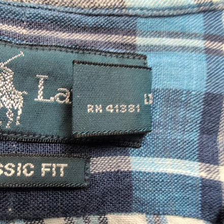 Chemise Ralph Lauren S Classic Fit 100% Lin Bleue Carreaux Manches Courtes