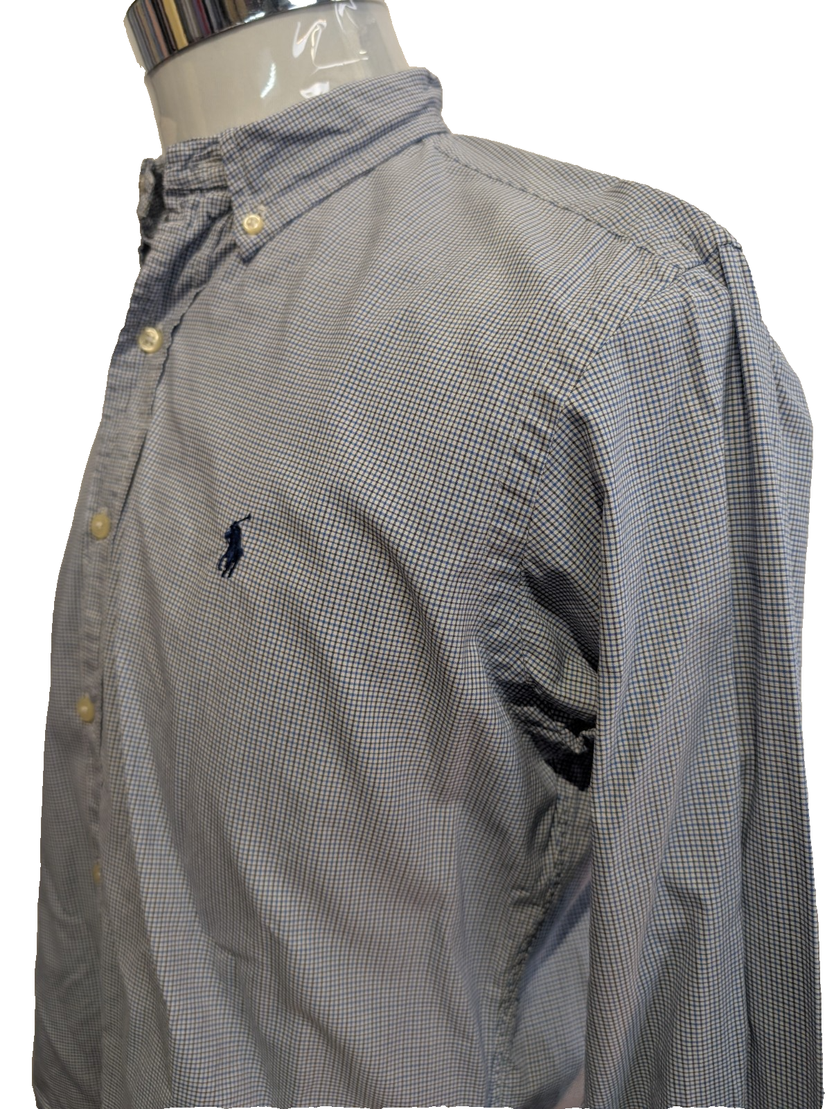 Chemise Polo Ralph Lauren Shirt S Custom Fit Micro-Carreaux Bleu Blanc Button Do