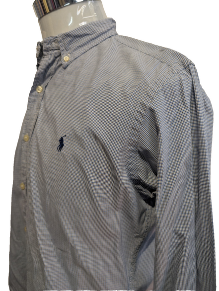 Chemise Polo Ralph Lauren Shirt S Custom Fit Micro-Carreaux Bleu Blanc Button Do