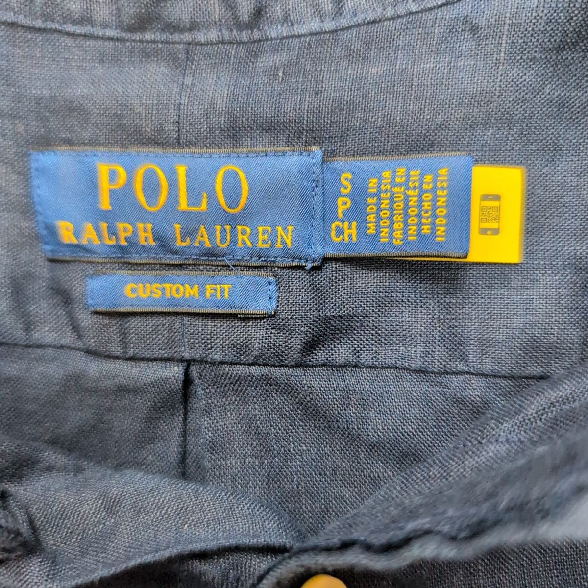 Chemise Ralph Lauren S Custom Fit 100% lin bleu marine logo rouge QR Code