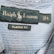 Chemise Ralph Lauren L Bleue Rayures Gaufrées Coton Manches Courtes Logo Rose