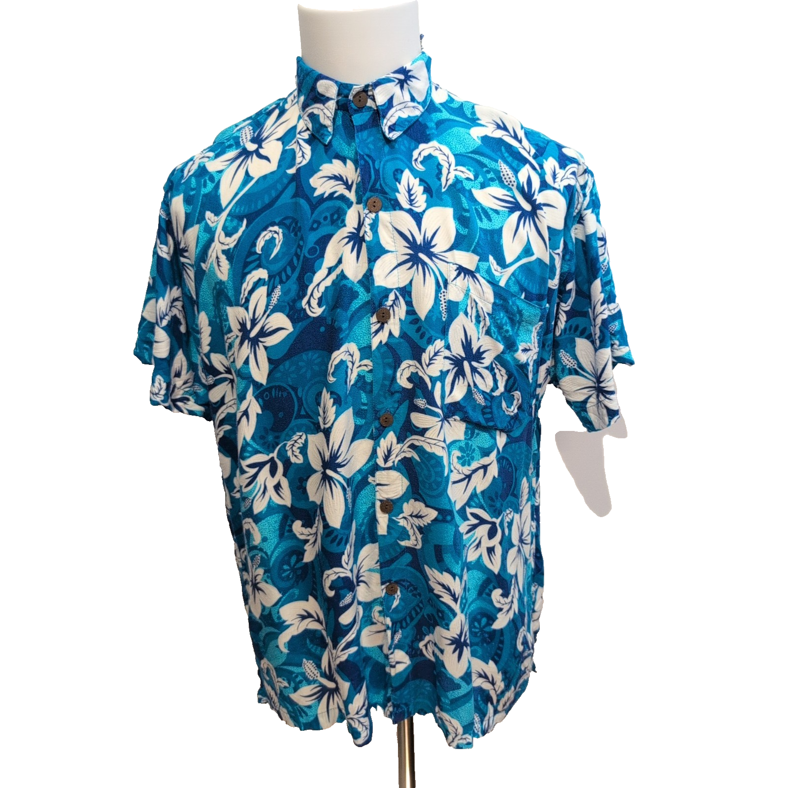 Chemise Hawaïenne Blue Sky L 100% Rayonne Bleue Fleurs Blanches Poche