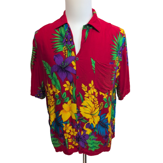 Chemise hawaïenne Basix M vert jaune rouge perroquets 100% rayonne manches court