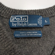 Pull Polo Ralph Lauren Gris Logo Violet - 100% Laine d'Agneau L (Ajusté)