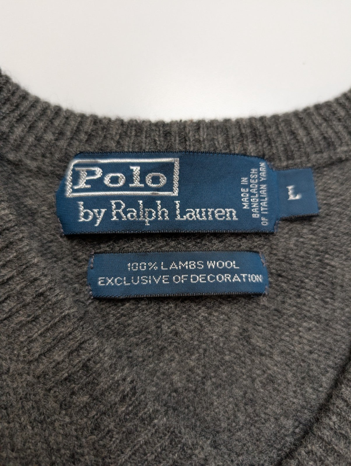 Pull Polo Ralph Lauren Gris Logo Violet - 100% Laine d'Agneau L (Ajusté)