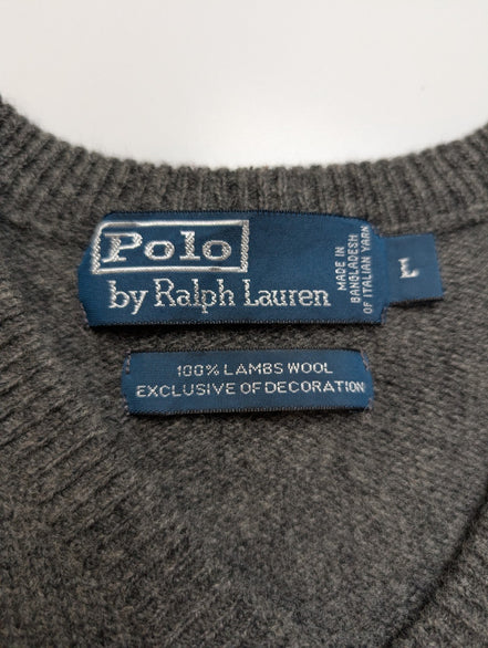 Pull Polo Ralph Lauren Gris Logo Violet - 100% Laine d'Agneau L (Ajusté)