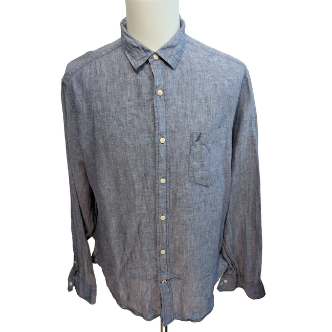 Chemise Nautica XL Bleu Chiné 100% Lin Logo Brodé Manches Longues