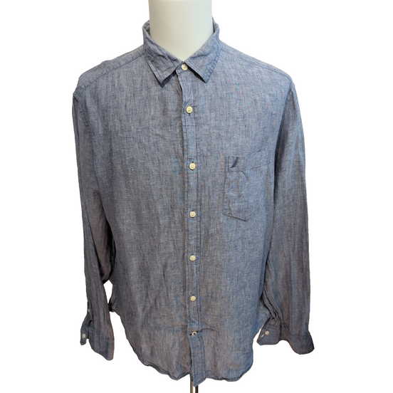 Chemise Nautica XL Bleu Chiné 100% Lin Logo Brodé Manches Longues