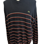 Pull Lacoste XXL Taille 7 bleu marine rayures rouge blanc col V 100% coton