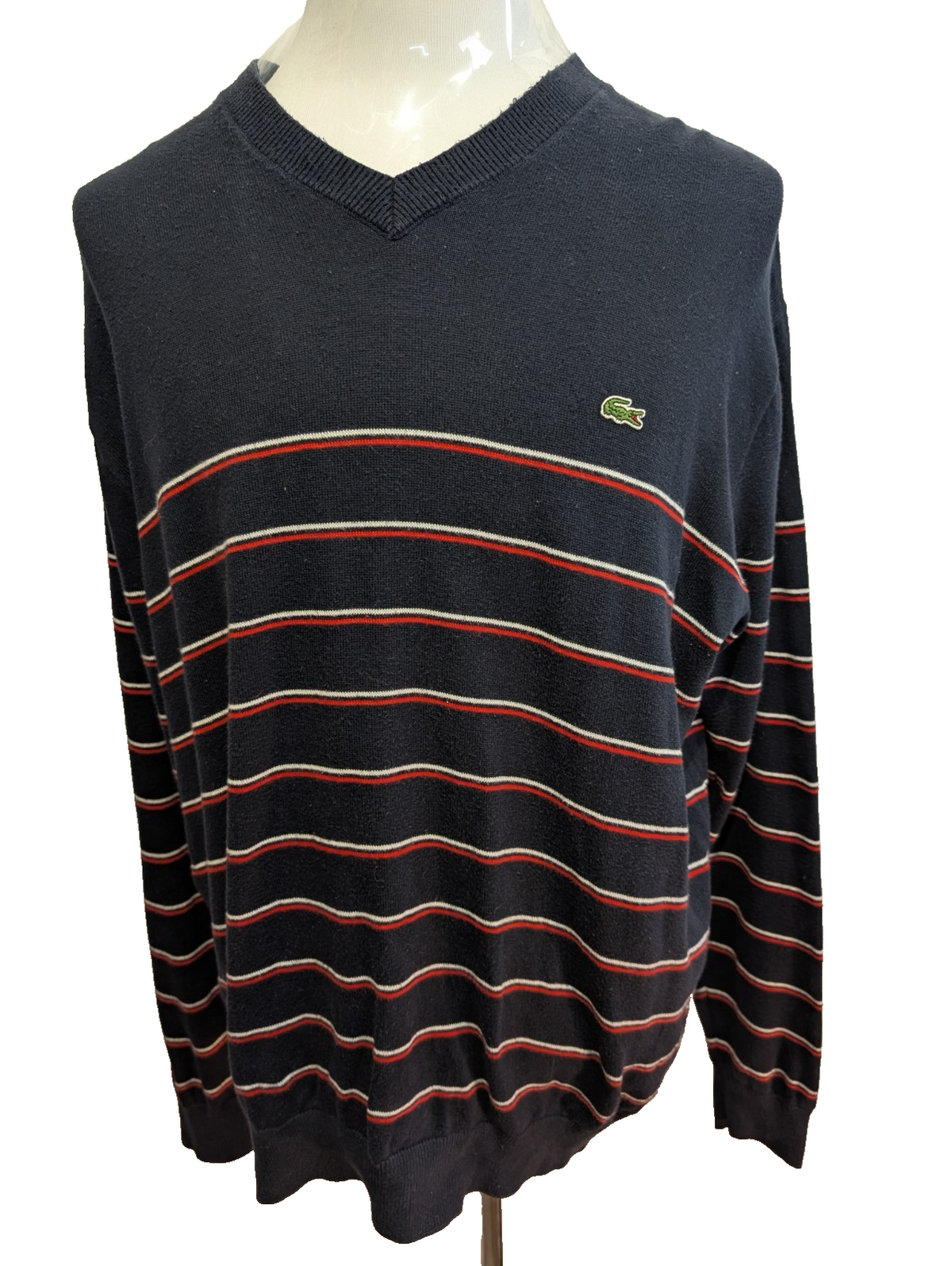 Pull Lacoste XXL Taille 7 bleu marine rayures rouge blanc col V 100% coton