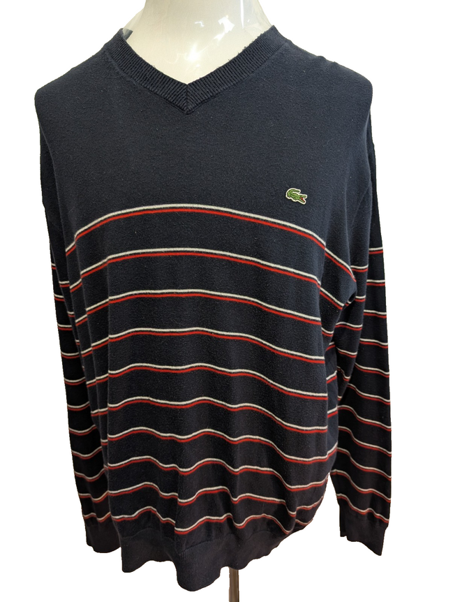 Pull Lacoste XXL Taille 7 bleu marine rayures rouge blanc col V 100% coton