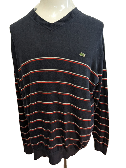 Pull Lacoste XXL Taille 7 bleu marine rayures rouge blanc col V 100% coton