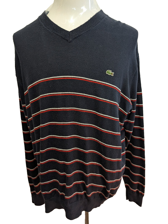 Pull Lacoste XXL Taille 7 bleu marine rayures rouge blanc col V 100% coton