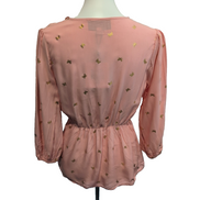 Blouse Alex & Parker Femme M Rose Saumon Papillons Dorés Cache-Cœur Neuve