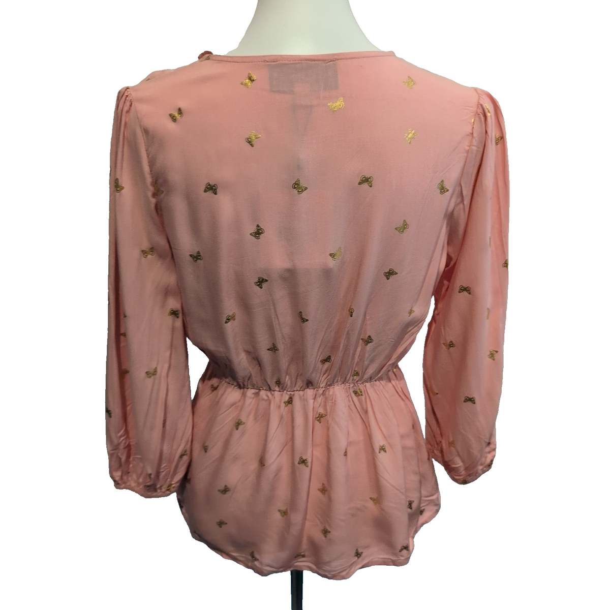 Blouse Alex & Parker Femme M Rose Saumon Papillons Dorés Cache-Cœur Neuve