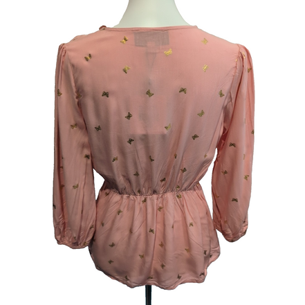 Blouse Alex & Parker Femme M Rose Saumon Papillons Dorés Cache-Cœur Neuve