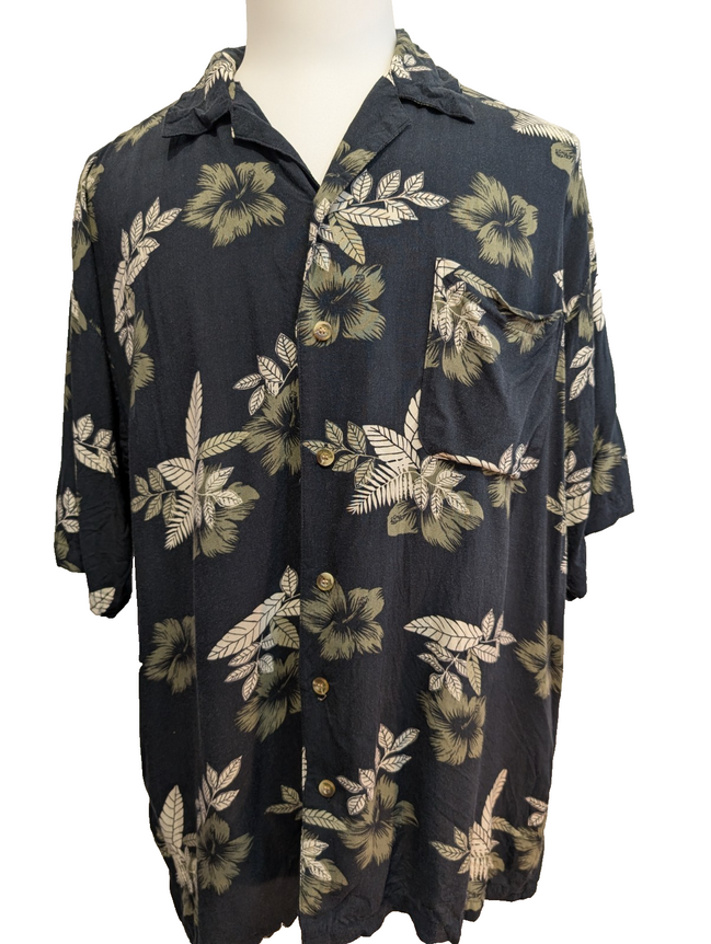 Chemise Hawaïenne Paradise Blue Noire à Fleurs Rayonne - Taille XL
