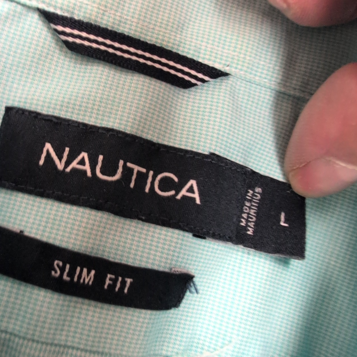 Chemise Nautica L Turquoise Micro Carreaux Slim Fit Coton Logo Brodé