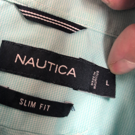 Chemise Nautica L Turquoise Micro Carreaux Slim Fit Coton Logo Brodé
