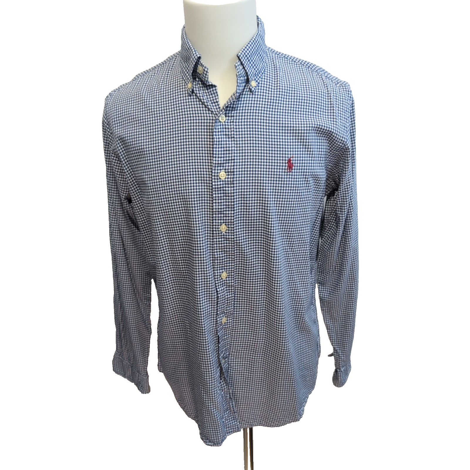 Chemise Ralph Lauren Homme M Bleu Petits Carreaux Logo Rouge Vintage