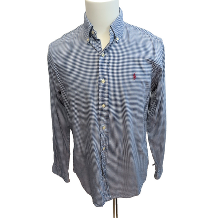 Chemise Ralph Lauren Homme M Bleu Petits Carreaux Logo Rouge Vintage