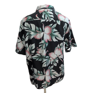 Chemise Hawaïenne Caribbean L 70% Soie Noir Fleurs Fuchsia Boutons Bois