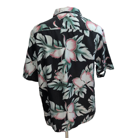 Chemise Hawaïenne Caribbean L 70% Soie Noir Fleurs Fuchsia Boutons Bois