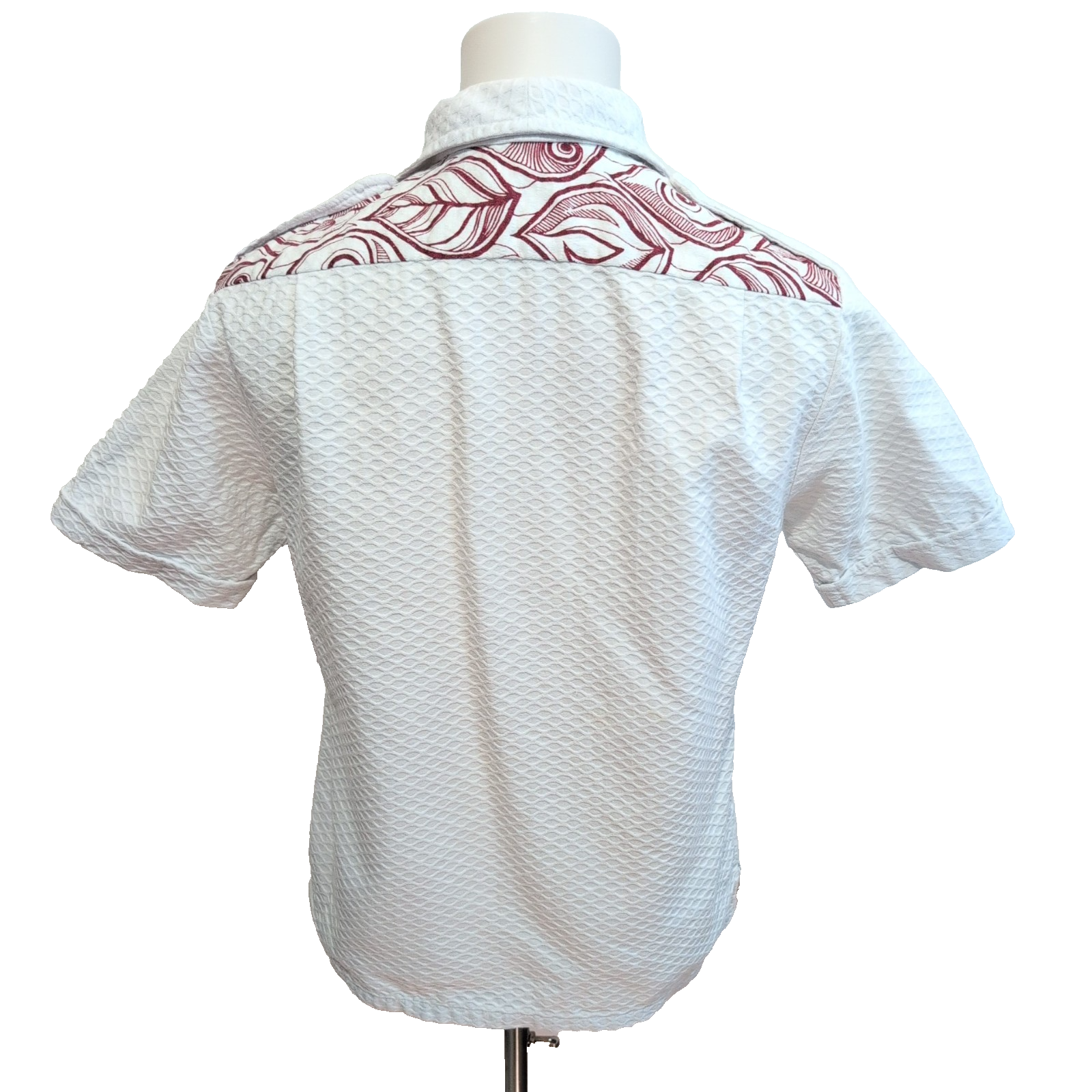 Chemise Iolani Hawaii USA Blanc Gaufré Feuillage Bordeaux Vintage Homme S
