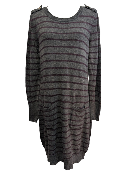 Pull Long Robe Courte Tommy Hilfiger Femme Gris Rayures Bordeaux Taille L