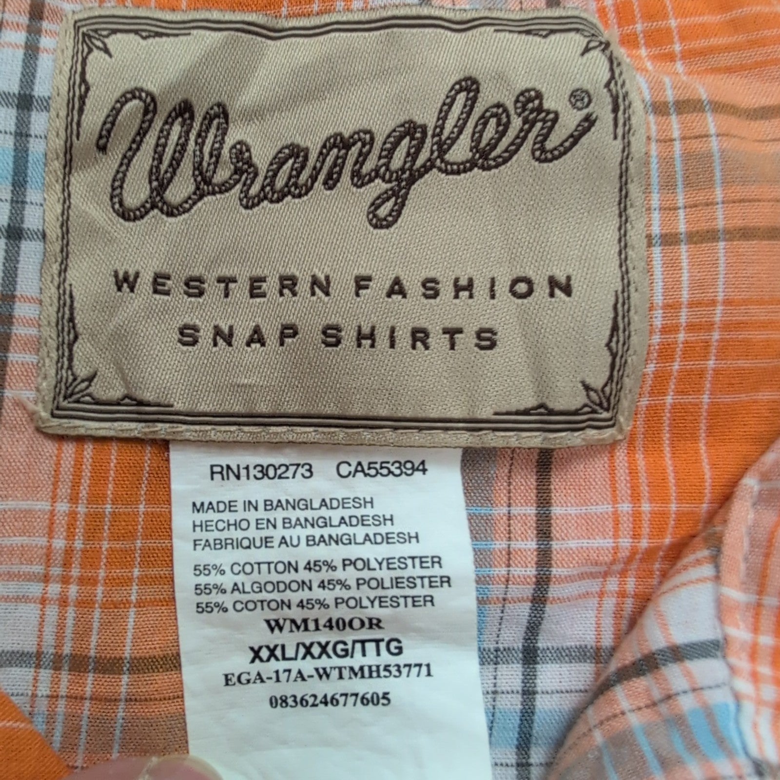 Chemise Wrangler Manches Courtes Orange Carreaux Poches Style Western Taille XXL